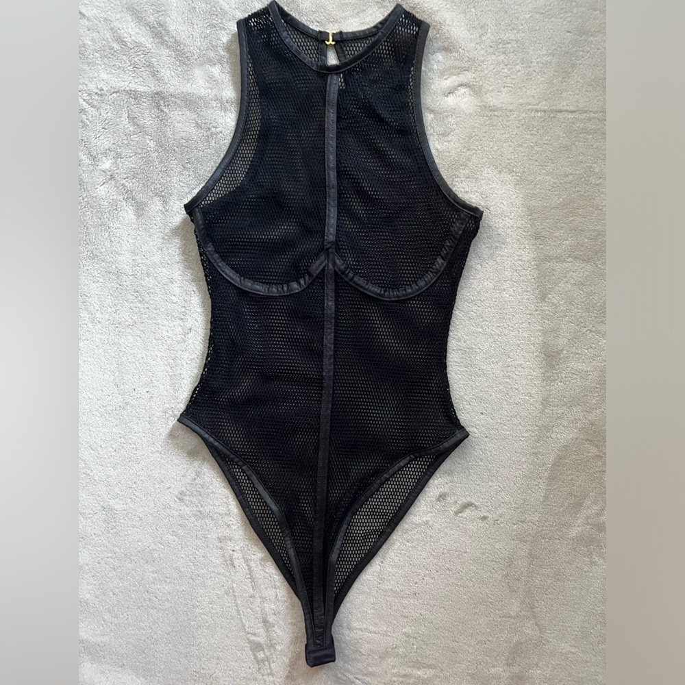 Micro Fishnet Mesh Thong Bodysuit with Black Piping Detail, Hook and Eye Closure
